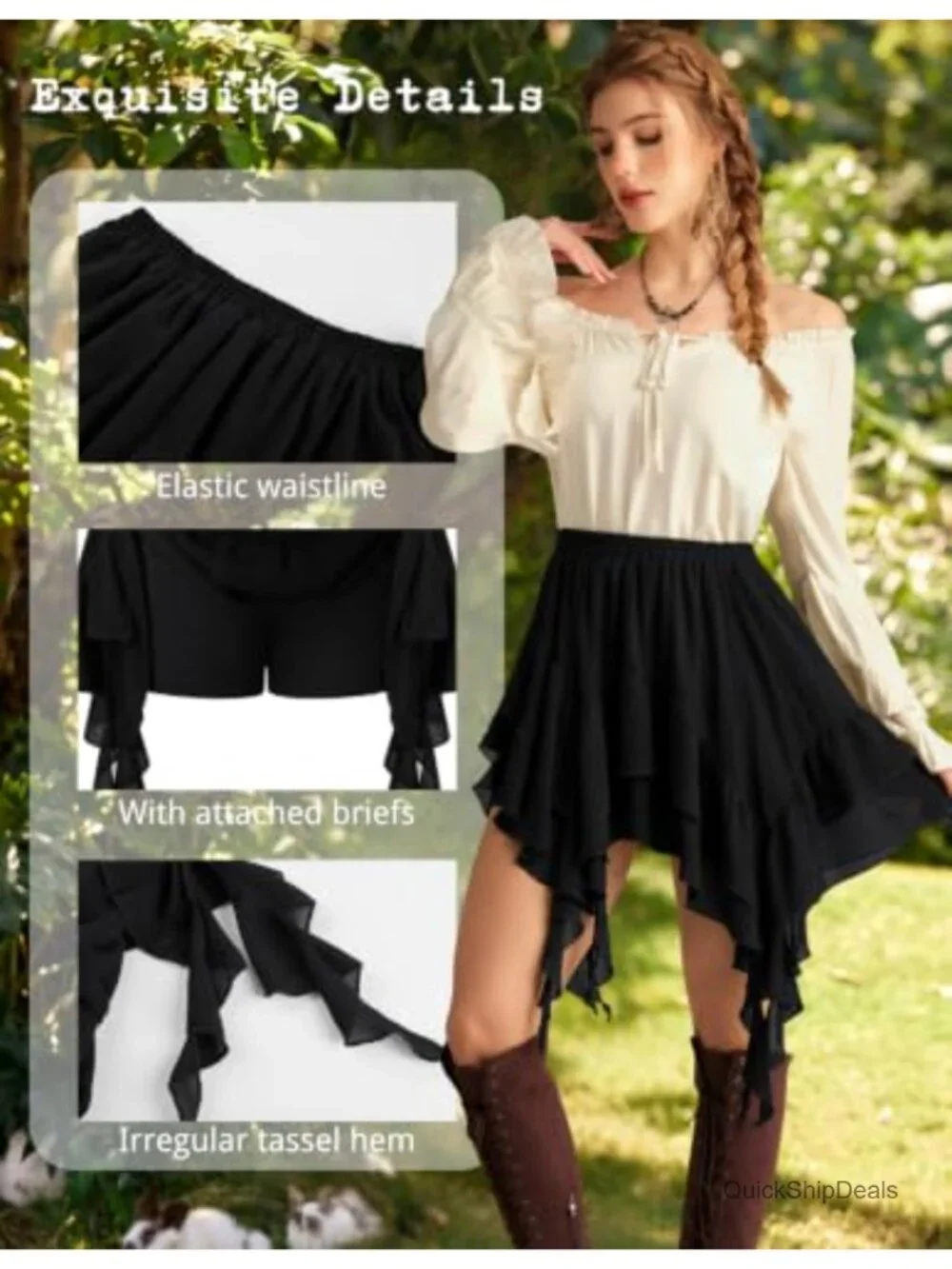 Boho Tiered Skort with Built-in Shorts, High Waist, Renaissance Style